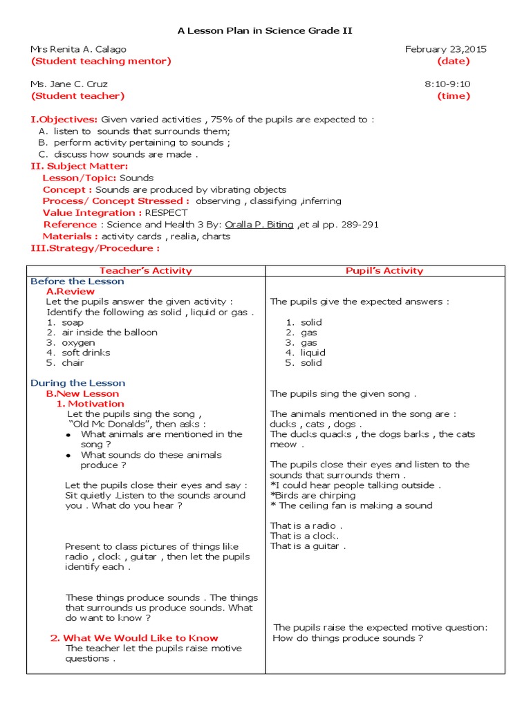 Grade II Science Lesson Plan: Sounds | PDF | String Instruments | Sound