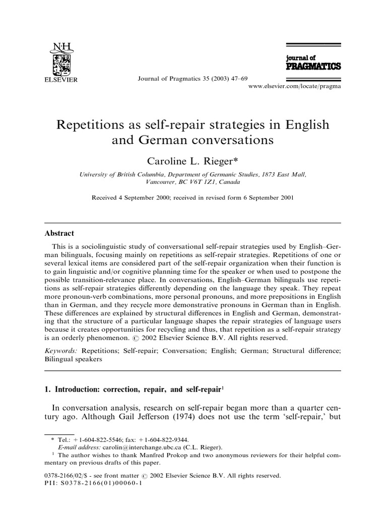 Repetitions As SelfRepair Strategies in English and German