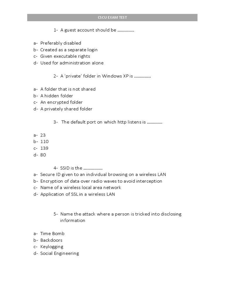 CSCU Exam Practice Questions | PDF | Malware | Computer Virus