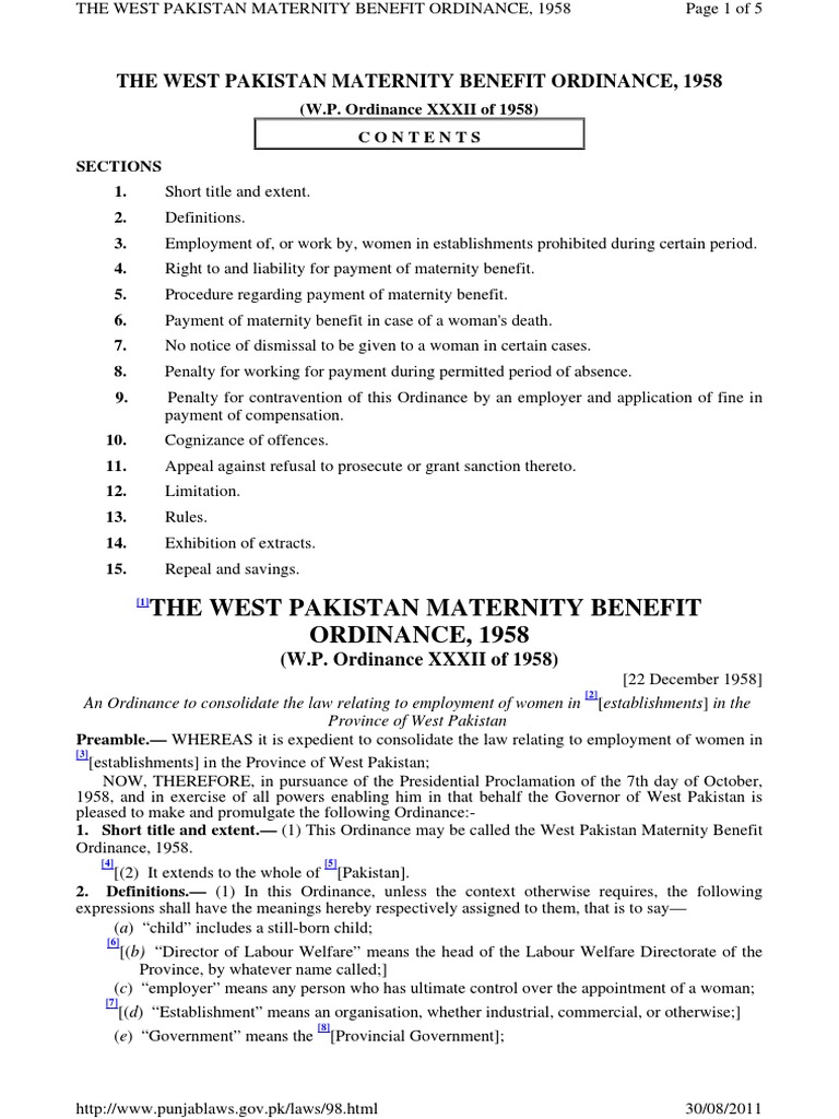 West Pakistan Maternity Benefit Ordinance 1958 PDF Legal Liability
