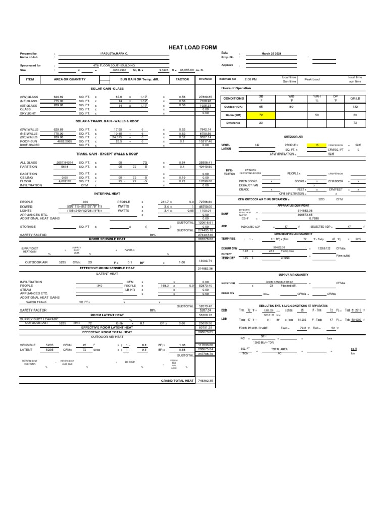 Heat Load Form Btu/Hour PDF Building Engineering Thermodynamics