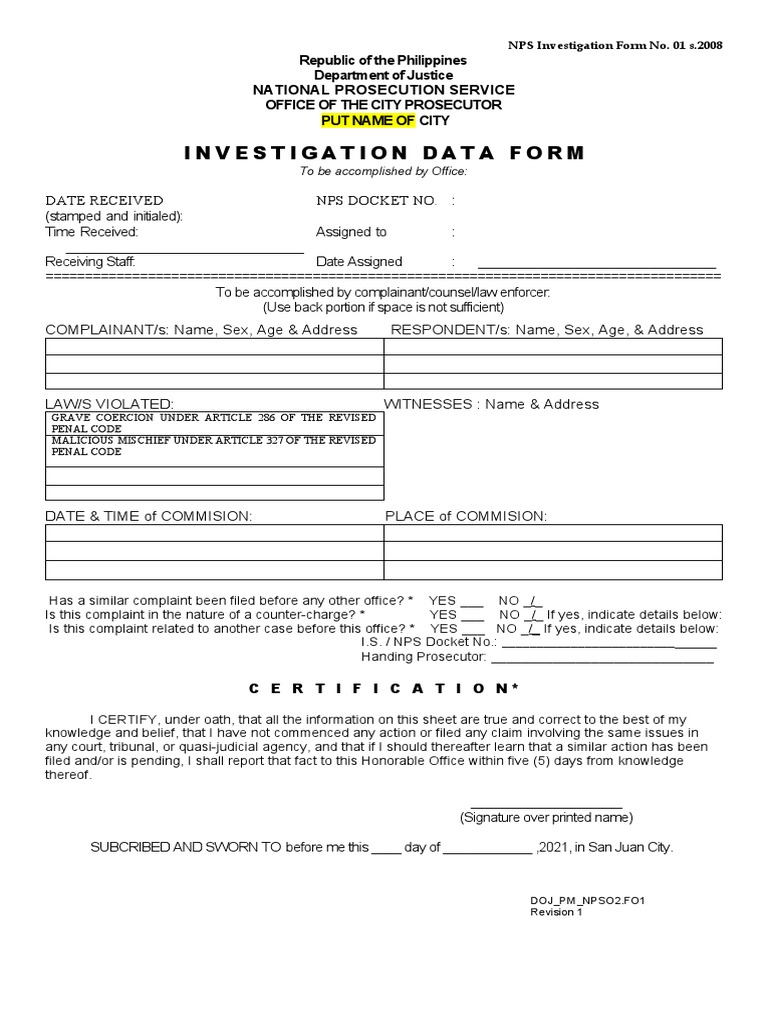 NPS Investigation Data Form Template | PDF | Prosecutor | United States ...