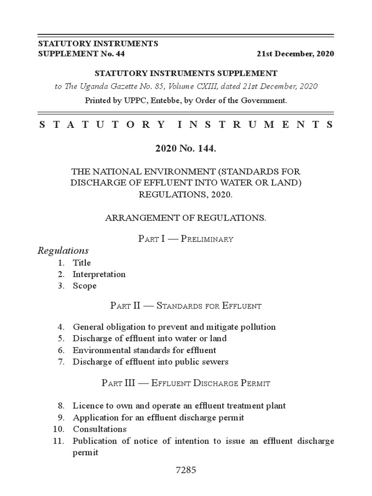 Regulations on Environmental Standards for Discharge of Effluent into Water or Land in Uganda