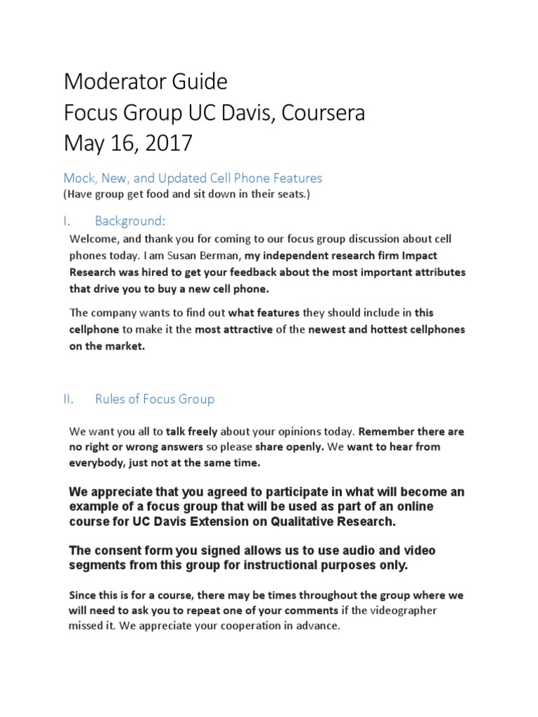 Moderator Guide Focus Group UC Davis, Coursera May 16, 2017: Mock, New ...