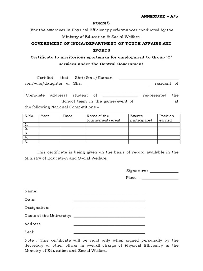 Annexure - A/5 Form 5: S.No. Year Place Name of The Tournament/event ...