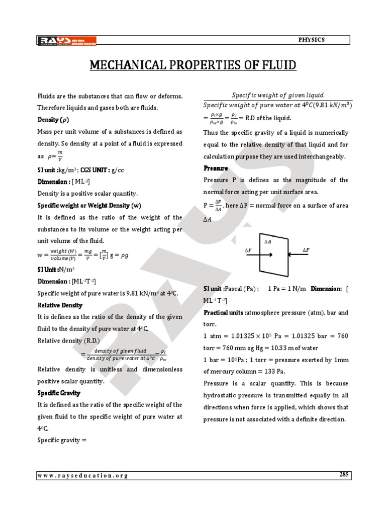 Mechanical Properties Of Liquids Pdf Buoyancy Pressure