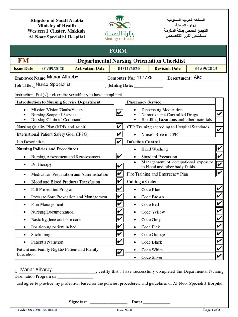 Departmental Nursing Orientation Checklist Pdf Nursing Health Care