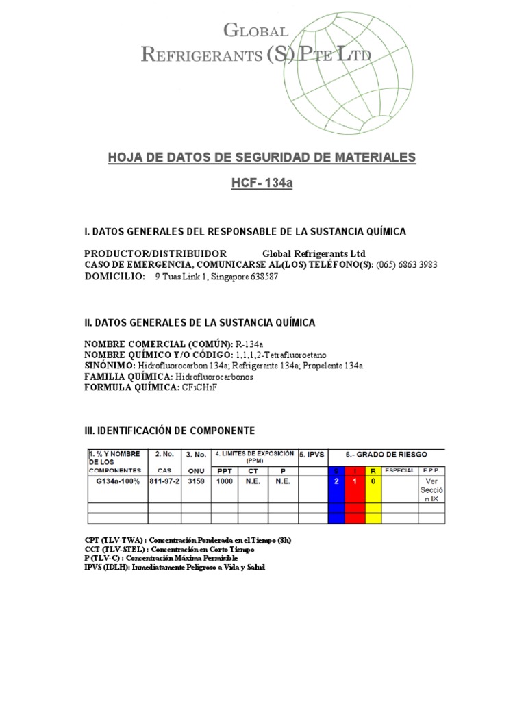 Hoja de Seguridad R-134a | PDF