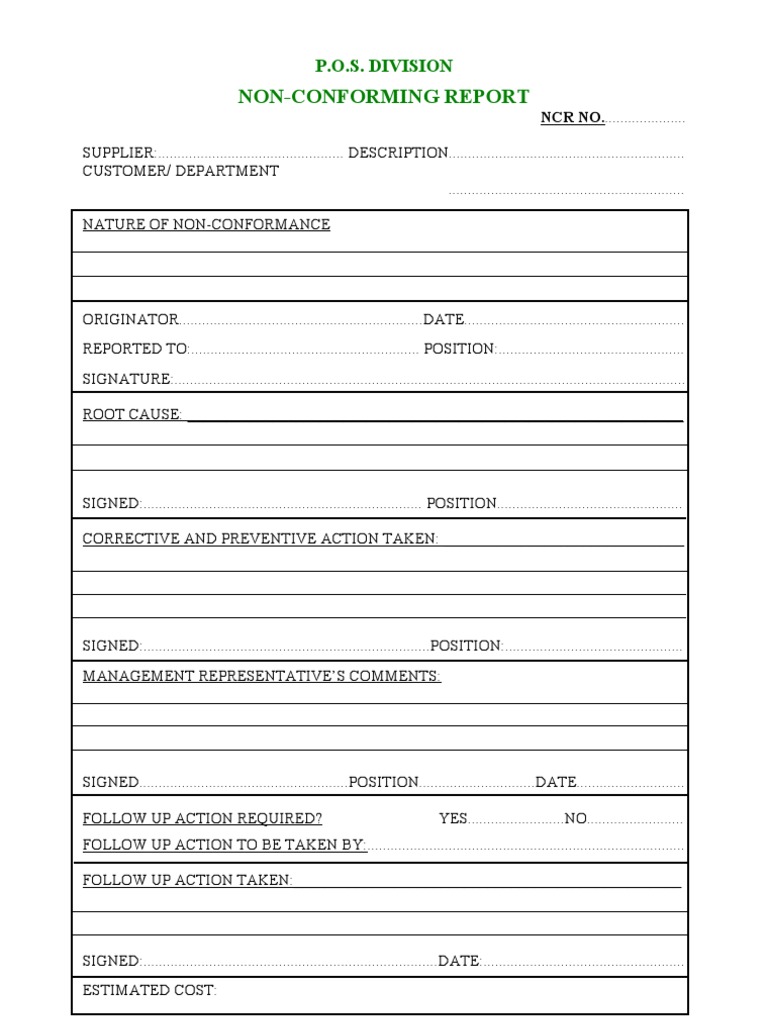 Non-Conformance Report Template | PDF | Business | Supply Chain Management