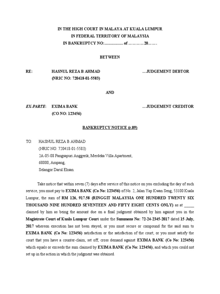 Bankruptcy Notice for Hasnul Reza B Ahmad | PDF | Bankruptcy | Interest