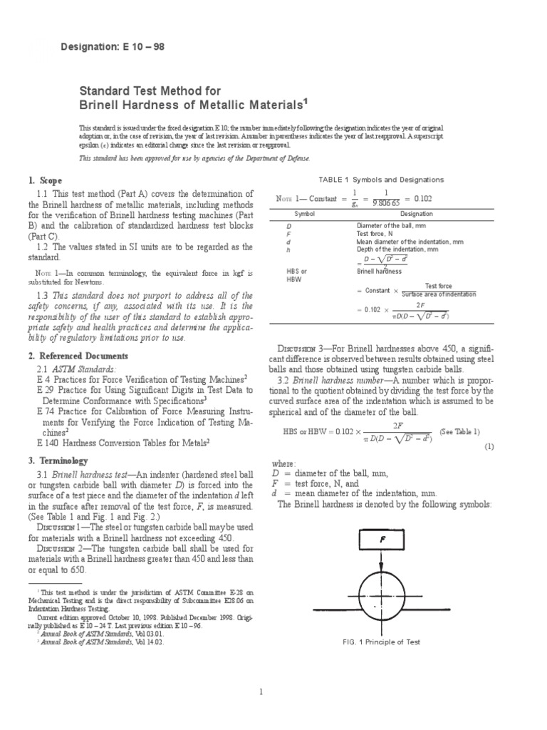 ASTM E10 Standard Test Method For Brinell Hardness | PDF 