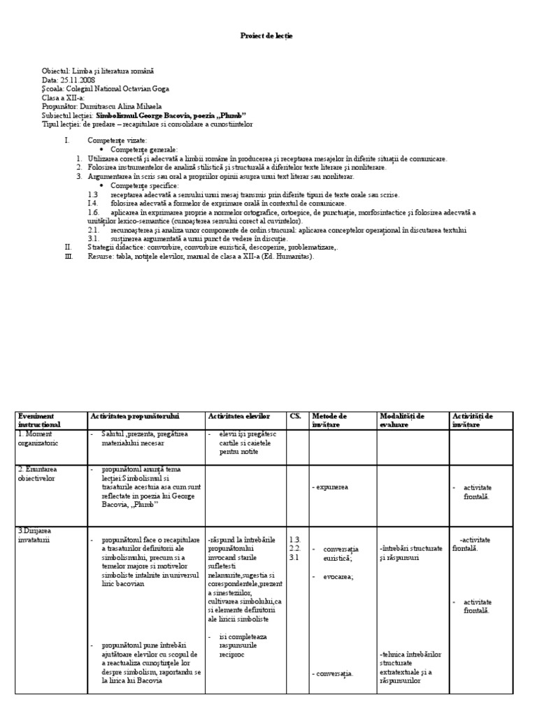 Proiect De Lectie Bacovia