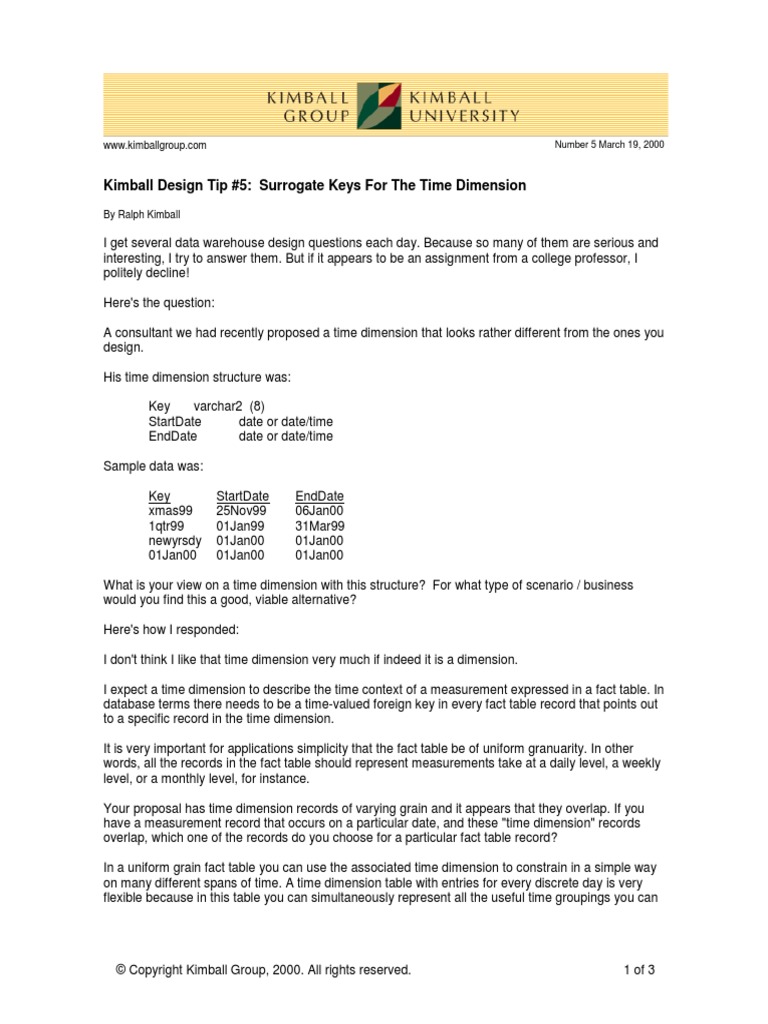 Kimball Design Tip 5 Surrogate Keys For The Time Dimension PDF