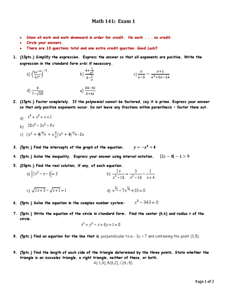 College Algebra Exam 1 Solutions | PDF | Equations | Elementary Mathematics