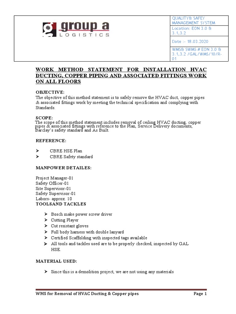 HVAC Ducting Removal Method Statement | PDF | Safety | Pipe (Fluid ...