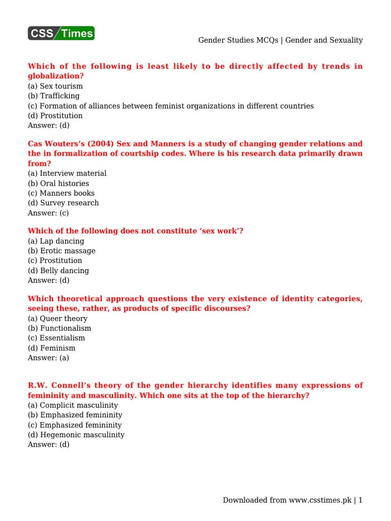 Gender Studies MCQs Exploring Concepts of Gender, Sexuality, Feminism