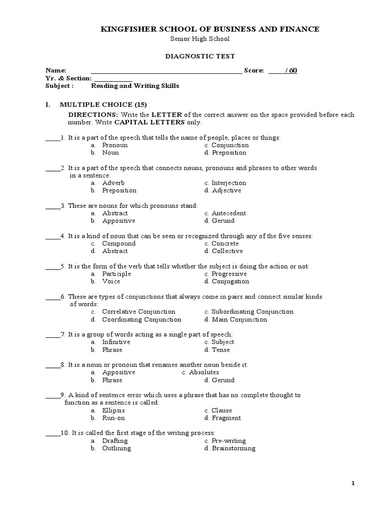 Diagnostic TestReading and Writing Skills Download Free PDF Noun