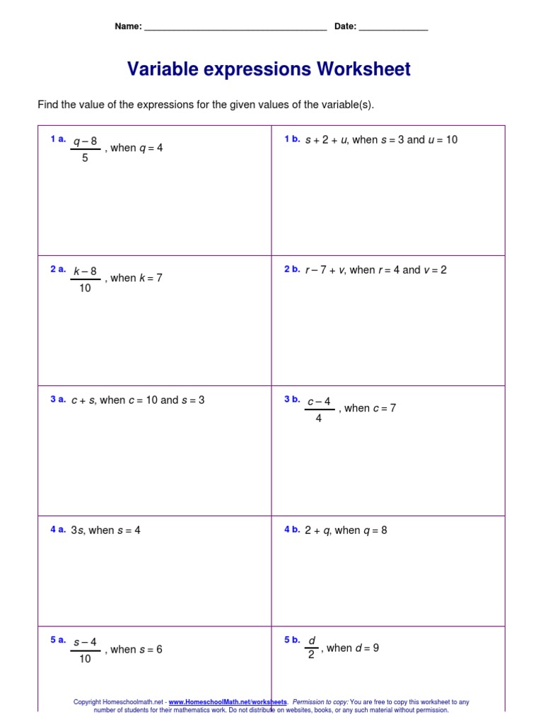Variable Expressions Worksheet: Q 8 S   2   U When S 3 and U 10
