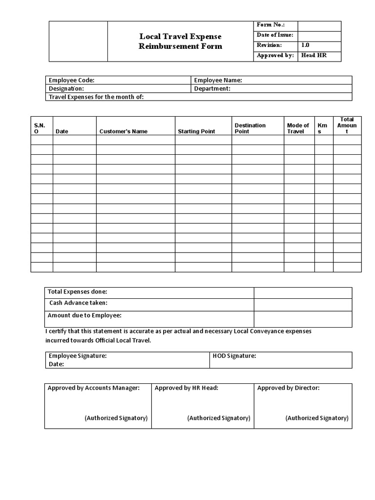 Local Travel Expense Reimbursement Form | PDF | Expense | Financial ...