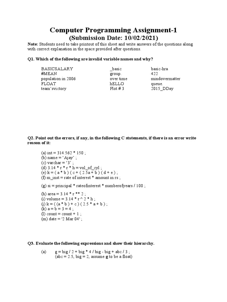 Computer Programming Assignment-1: (Submission Date: 10/02/2021) | PDF ...