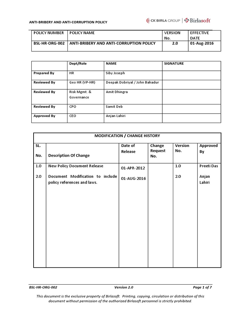 Anti Bribery and Anti Corruption Policy - India | PDF | Bribery ...