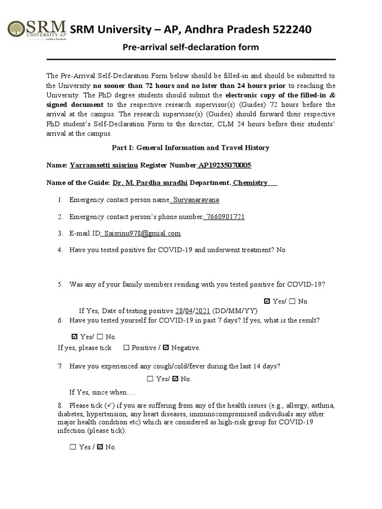 Self-Declaration Form - PHD Students - July 2021 | PDF | Epidemiology |  Health Sciences