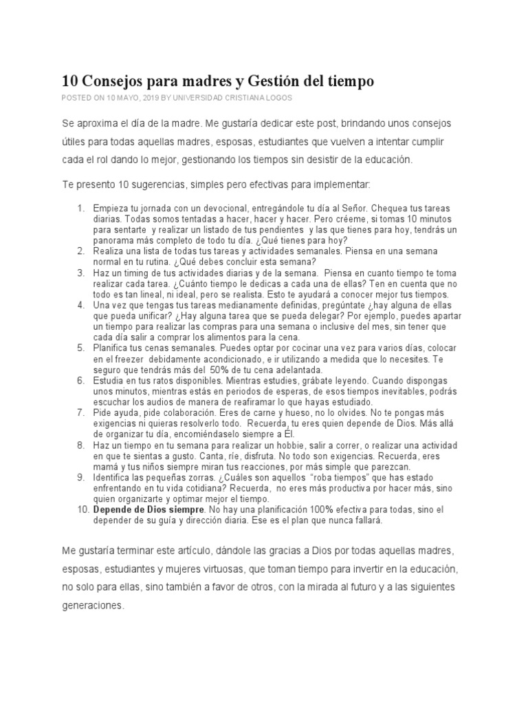 10 Consejos para Madres y Gestión Del Tiempo | PDF | Gestión del tiempo ...