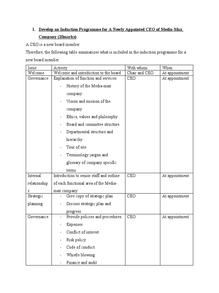 Develop An Induction Programme For A Newly Appointed CEO of Media-Max