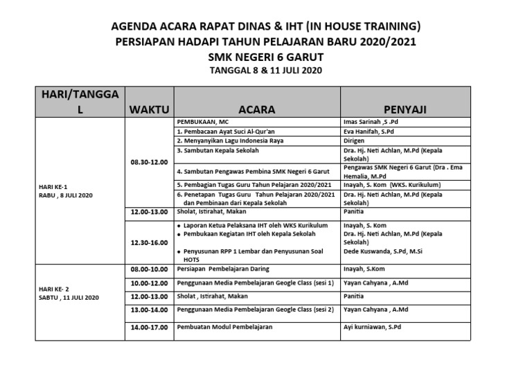 Rev. Susunan Acara Rapat Dinas Dan Iht 2020 - 1 | PDF