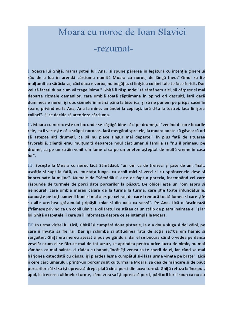 Cate Capitole Are Moara Cu Noroc Moara Cu Noroc - Rezumat Pe Capitole | PDF