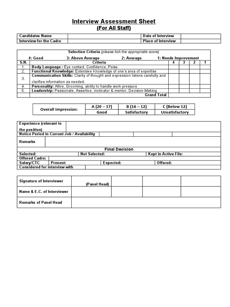 Interview Assessment Sheet | PDF