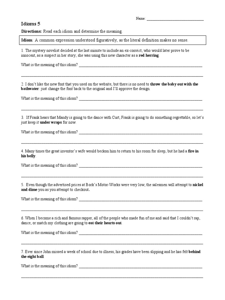 Idiom Worksheet 5 Pdf
