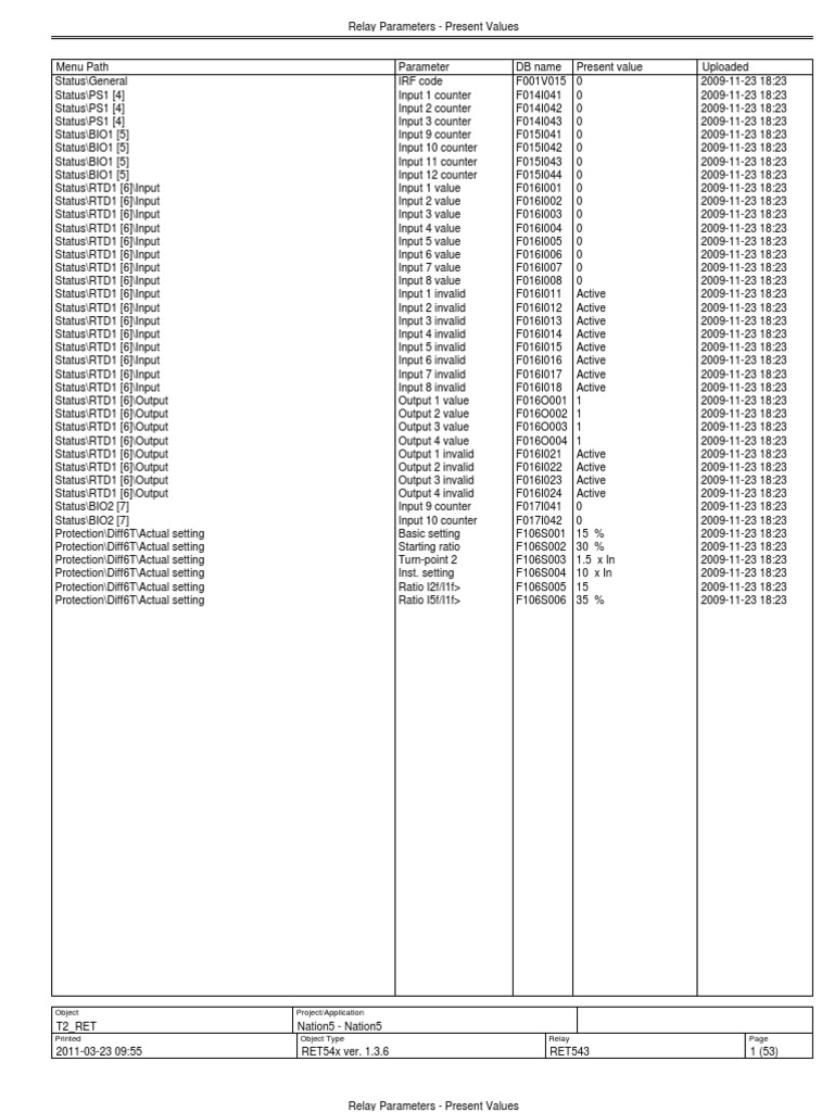 RET541 Setting | PDF | Parameter (Computer Programming) | Relay