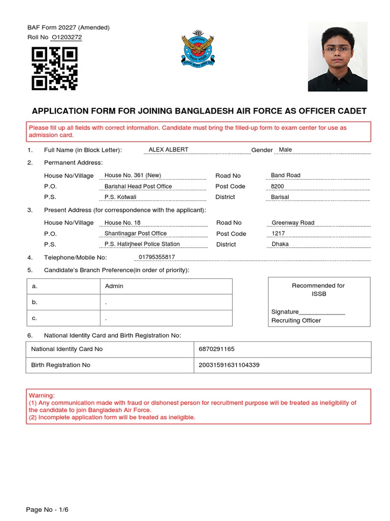 Application Form For Joining Bangladesh Air Force As Officer Cadet ...