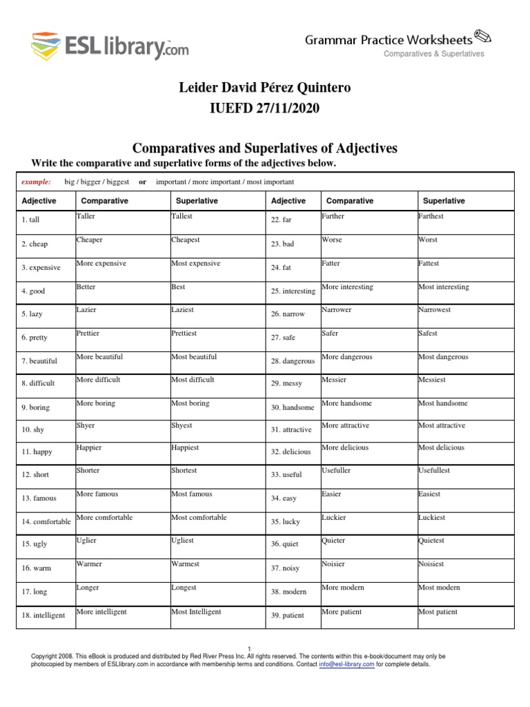 Esl Library Comparative And Superlative Pdf