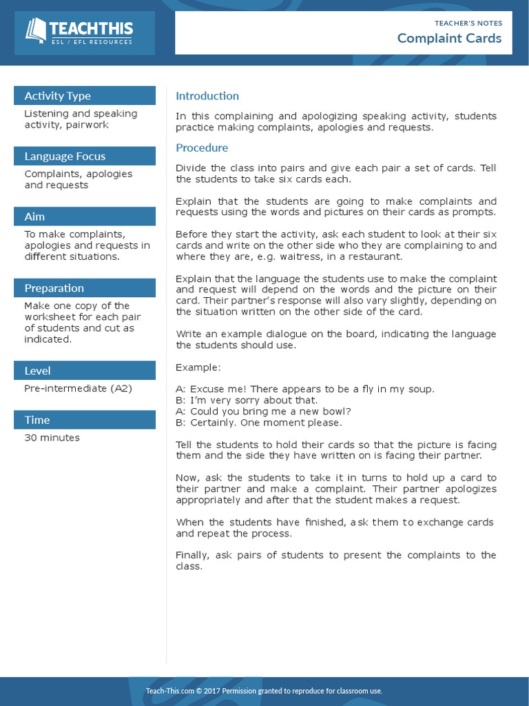 Complaint Cards | PDF | English As A Second Or Foreign Language ...
