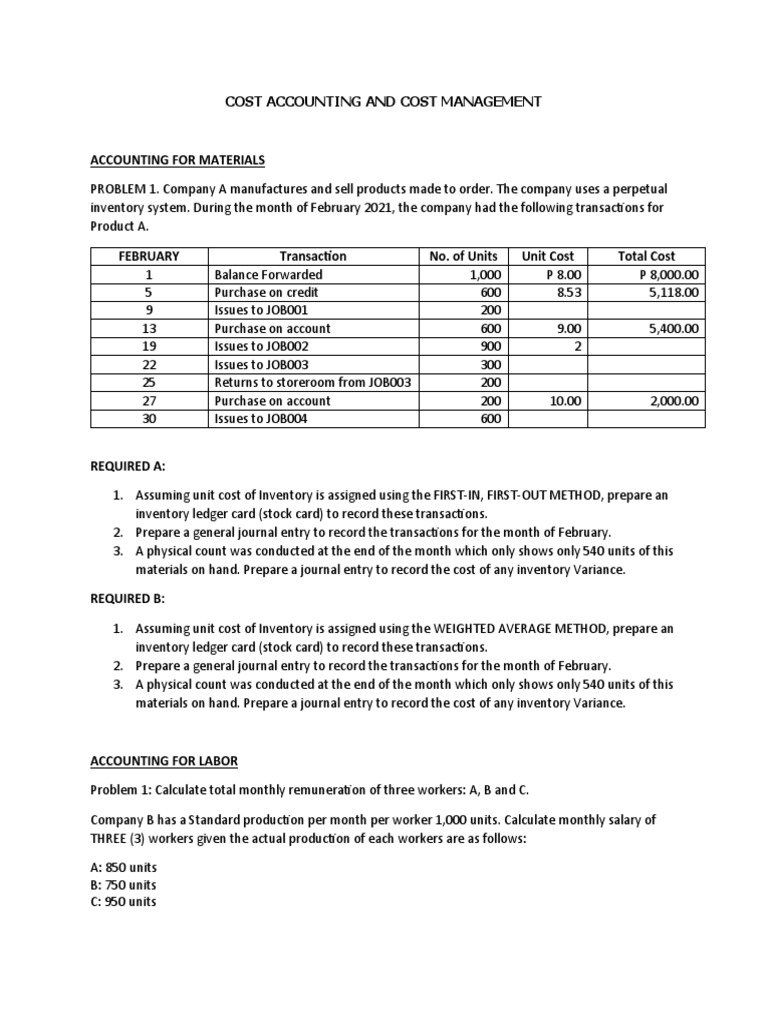 Cost Accounting: Inventory & Labor Management | PDF | Inventory | Cost ...