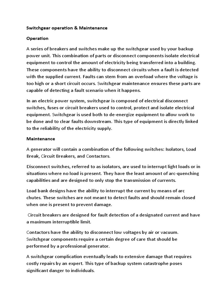 Switchgear Operation & Maintenance Operation PDF Equipment Power