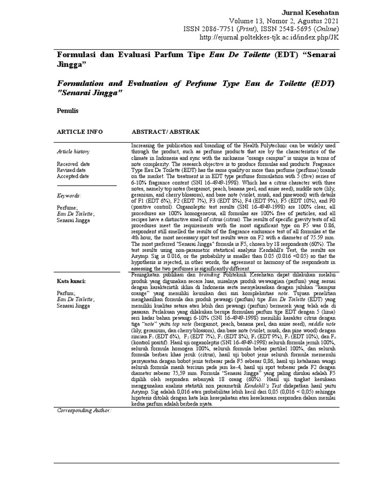 Formulation and Evaluation of Perfume Type Eau de Toilette (EDT ...