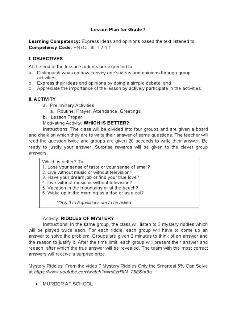 Grade 7 Lesson Plan: Expressing Opinions | PDF | Psychological Concepts ...