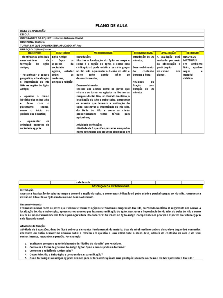 Plano de aula sobre a formação e sociedade do antigo Egito para turma ...