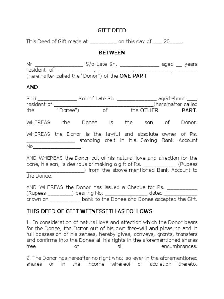 Legal Gift Deed Template for Money | PDF