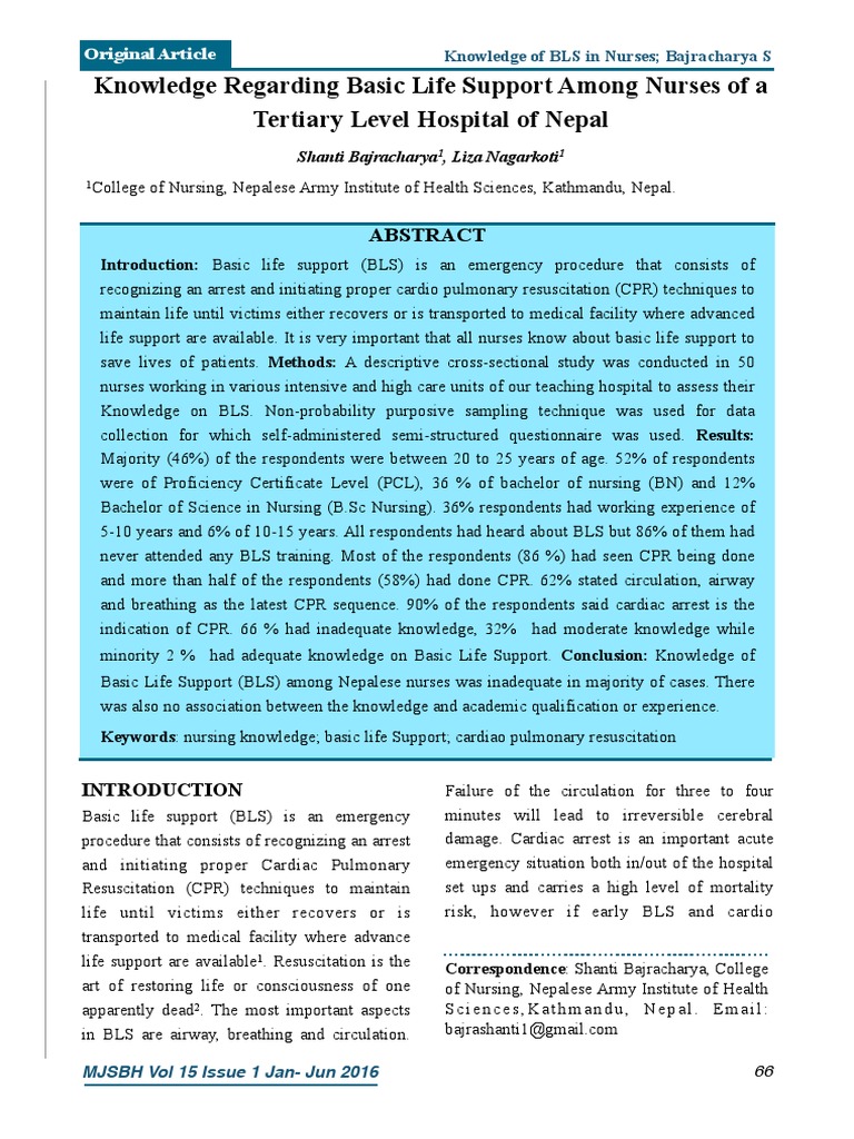 Knowledge Regarding Basic Life Support Among Nurses of A Tertiary Level