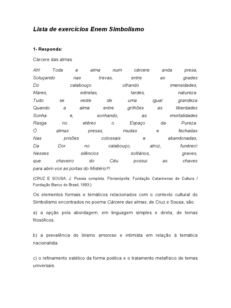 Lista Exercícios Enem Simbolismo Pronta | PDF | Simbolismo (artes ...