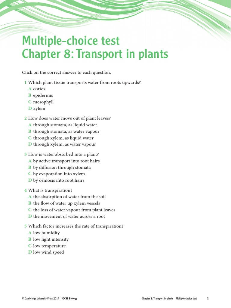 Understanding Plant Transport A Multiple Choice Test on the Movement