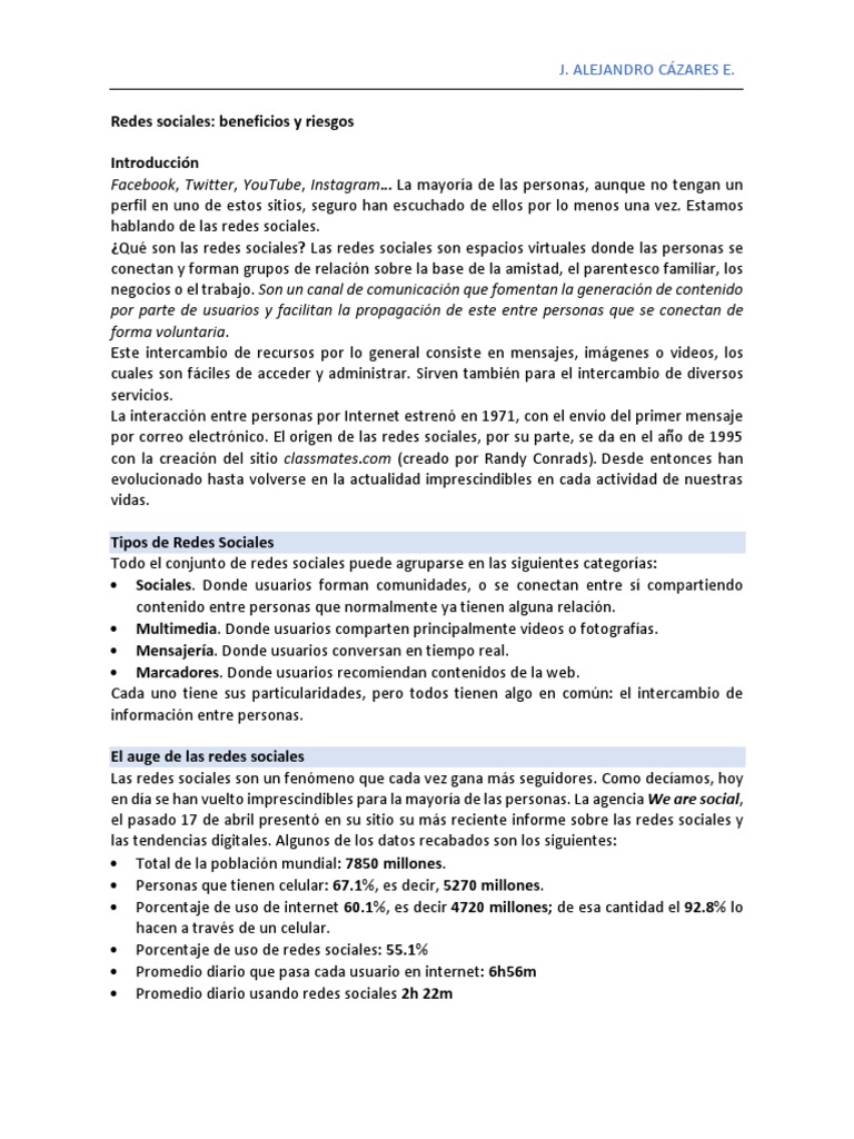 Beneficios y riesgos de las redes sociales | PDF | Servicio de redes ...