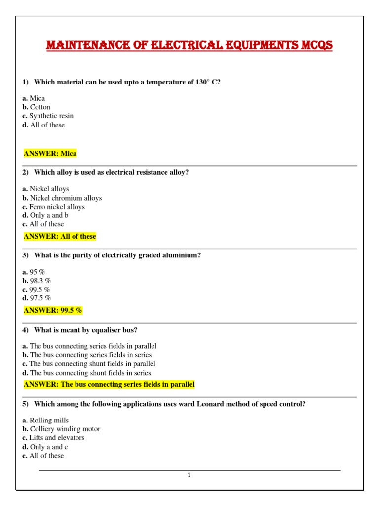 Maintenance of Electrical Equipments Mcqs PDF
