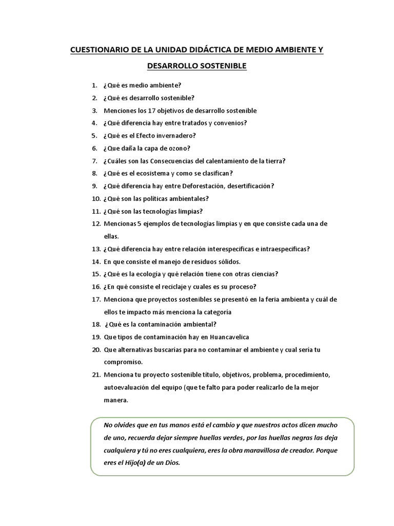 Cuestionario sobre Medio Ambiente y Sostenibilidad | PDF | Crecimiento ...