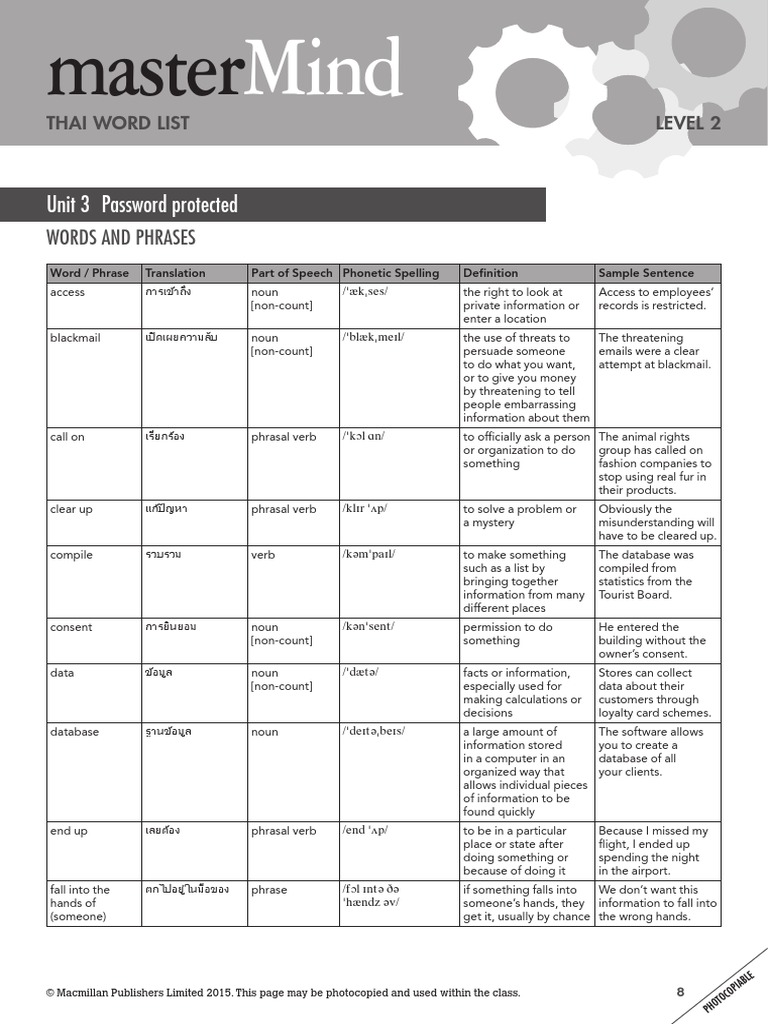 MasterMind 2 Unit 3 Wordlist - Thai | PDF | Phrase | Identity Theft