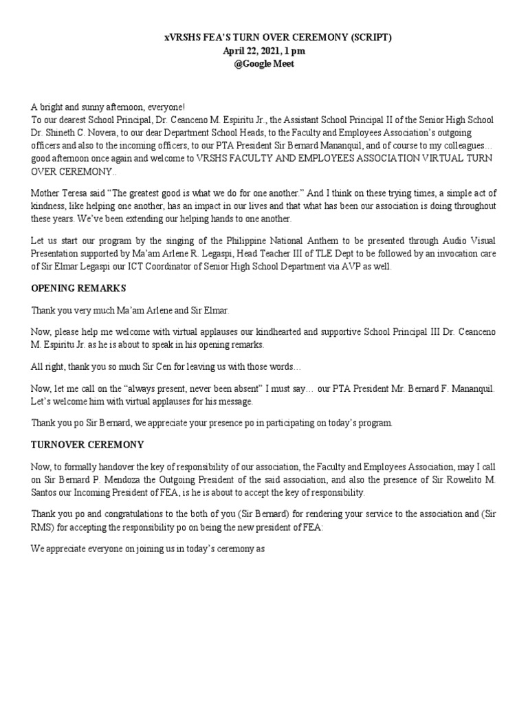 VRSHS Faculty Turnover Ceremony Script | PDF | Self-Improvement | Wellness